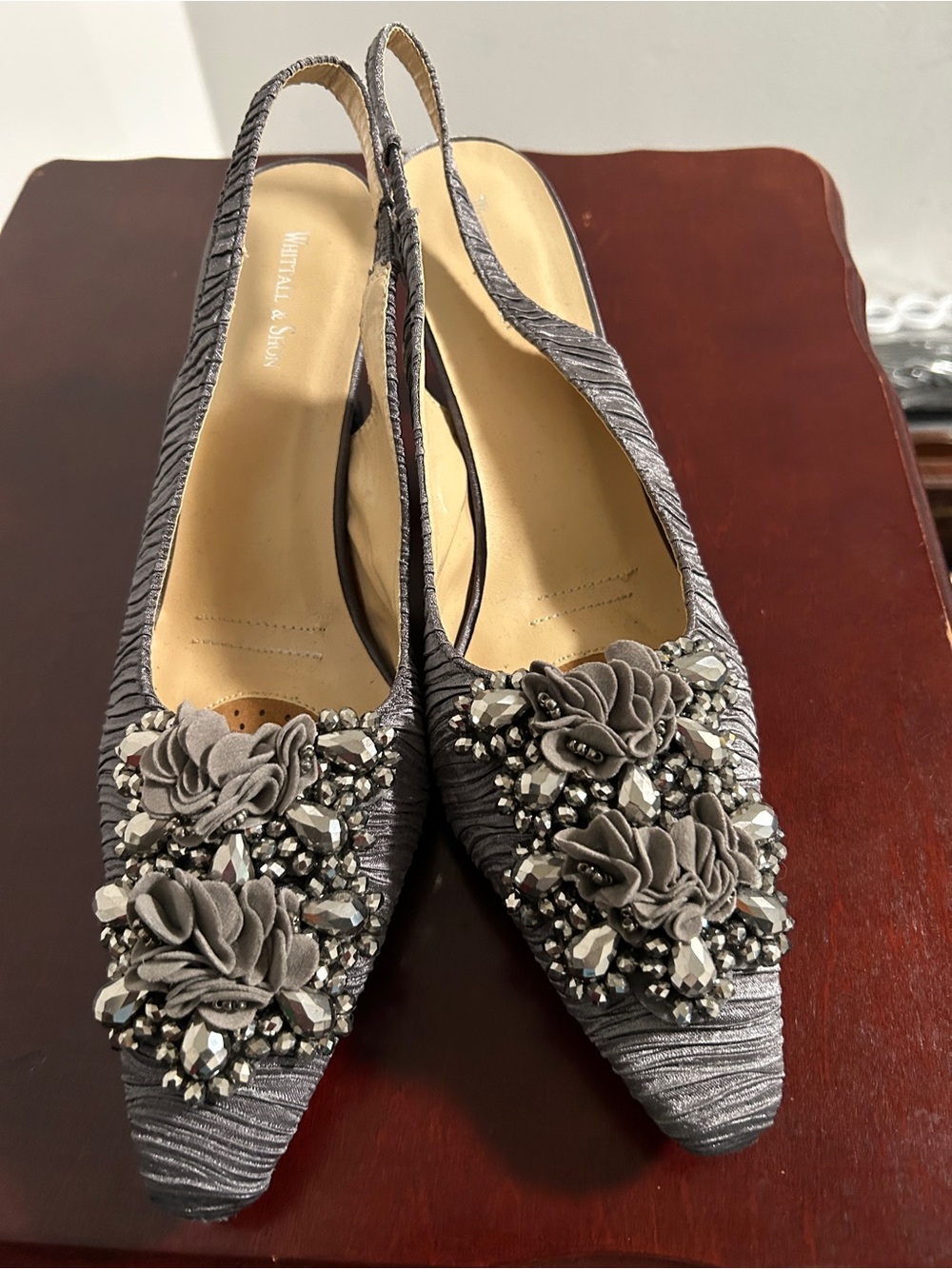 Women's Gray Embellished Slingback Flats with Floral Applique